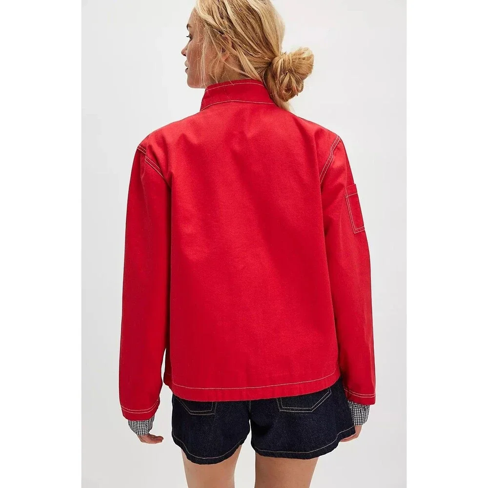 Free People We The Free Top Down Jacket Drawcord Red Cotton Zipup XS New 285696